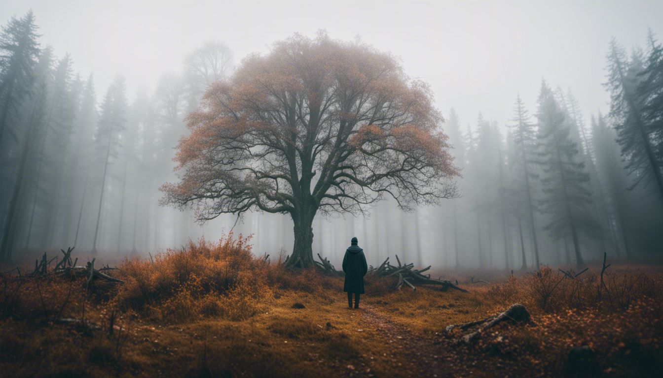A solitary tree in a misty forest, captured in high-quality photography.