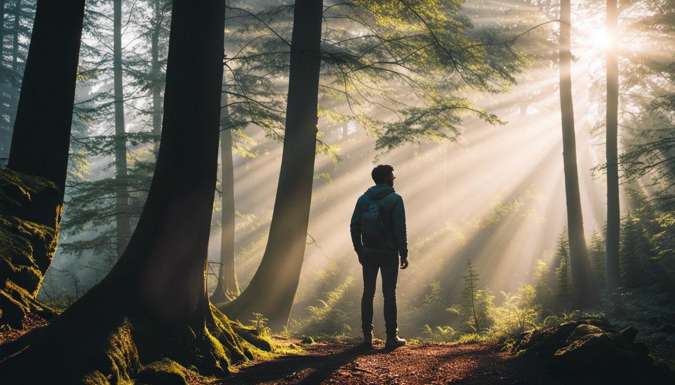 Person standing in misty forest surrounded by sunlight and nature.