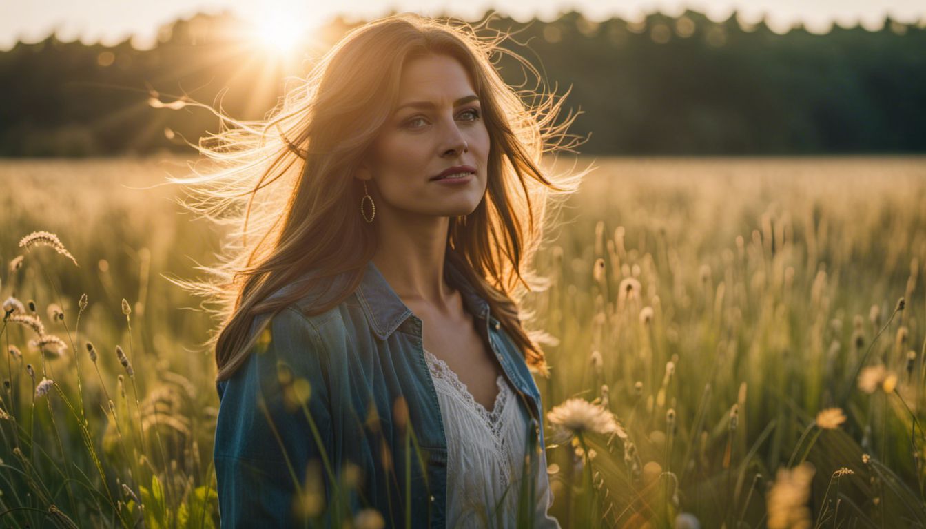 Peaceful meadow at sunrise with diverse people and beautiful nature scene.