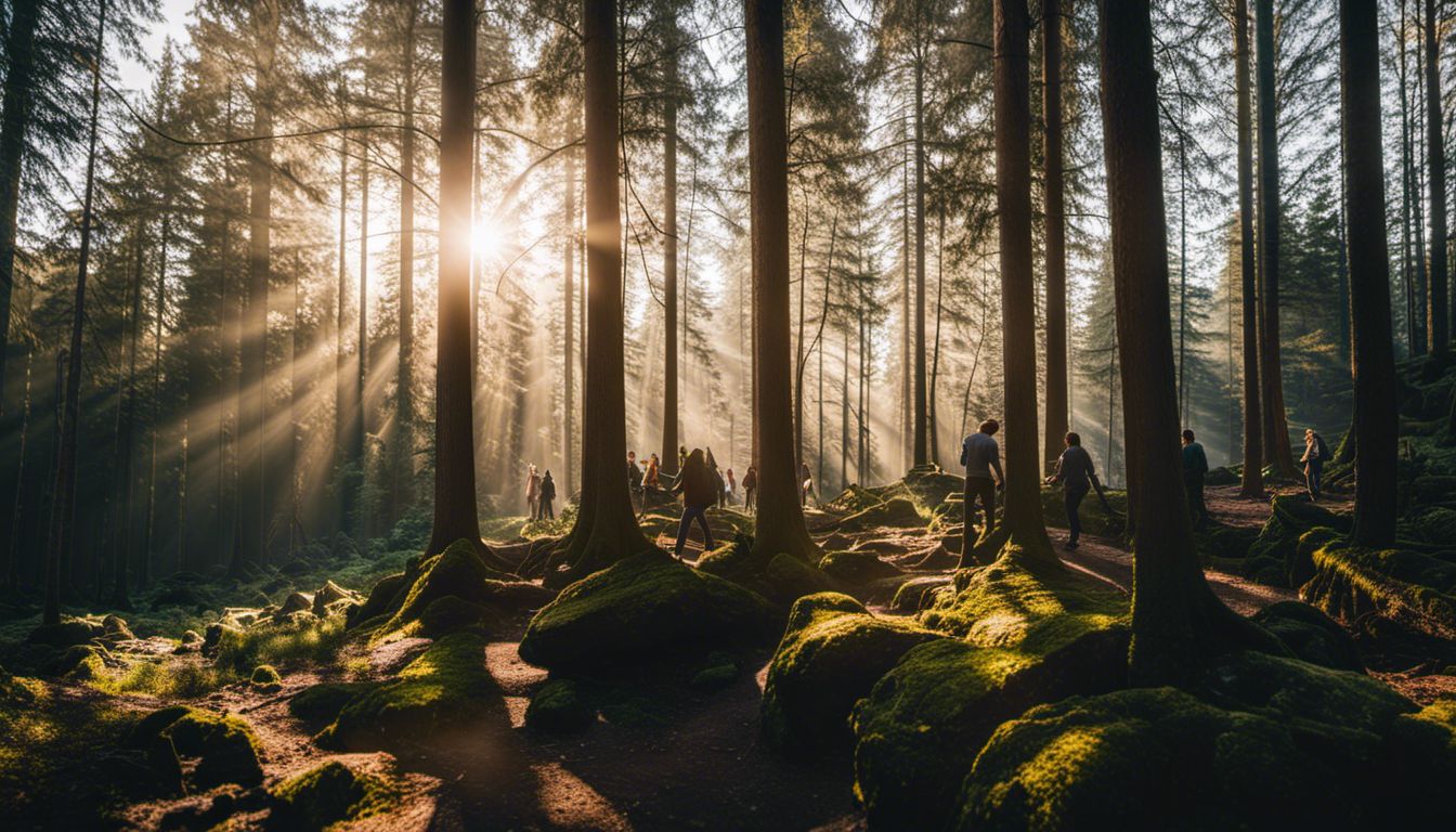 A stunning forest scene with various people and beautiful lighting.