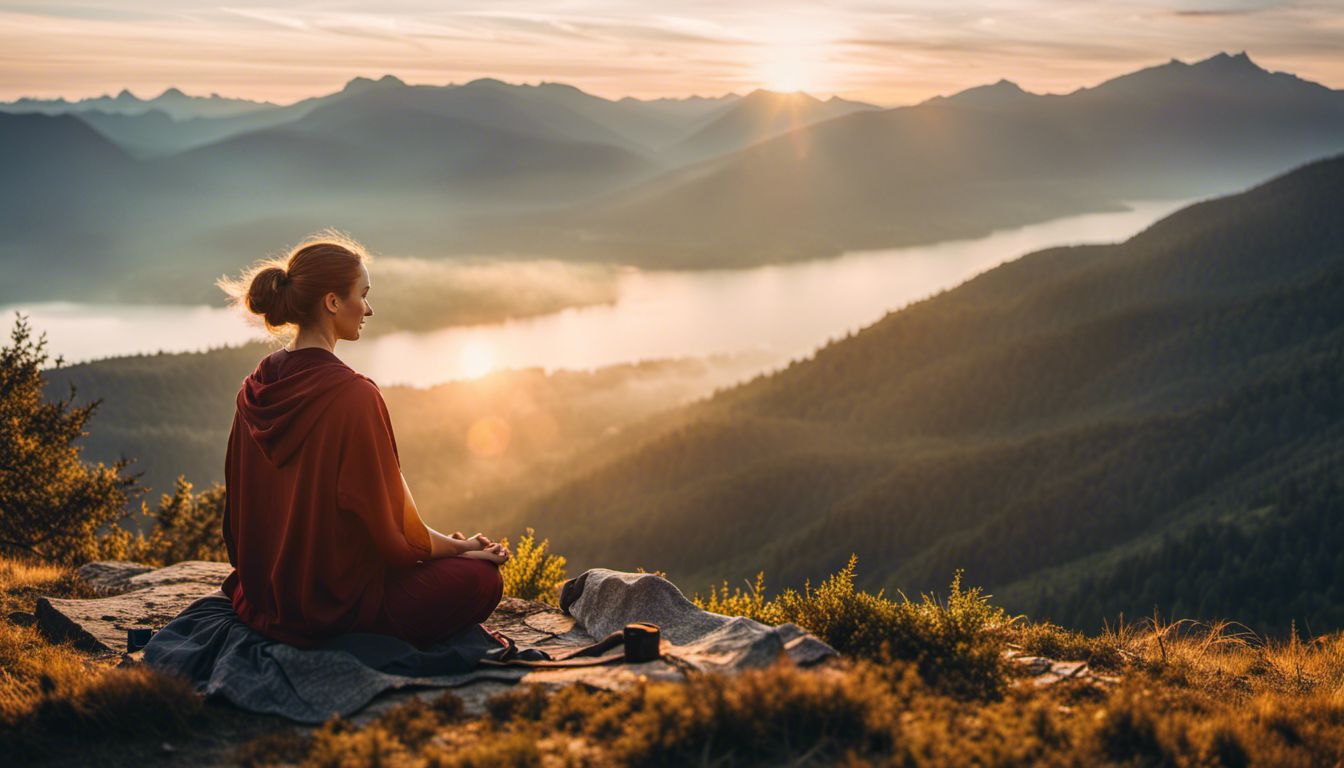 A person meditating on a mountaintop surrounded by serene nature.