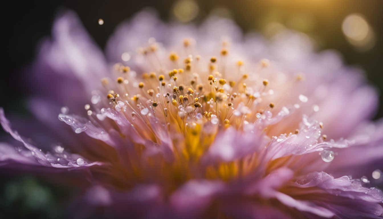 Close-up of a blooming flower with various people in different styles.