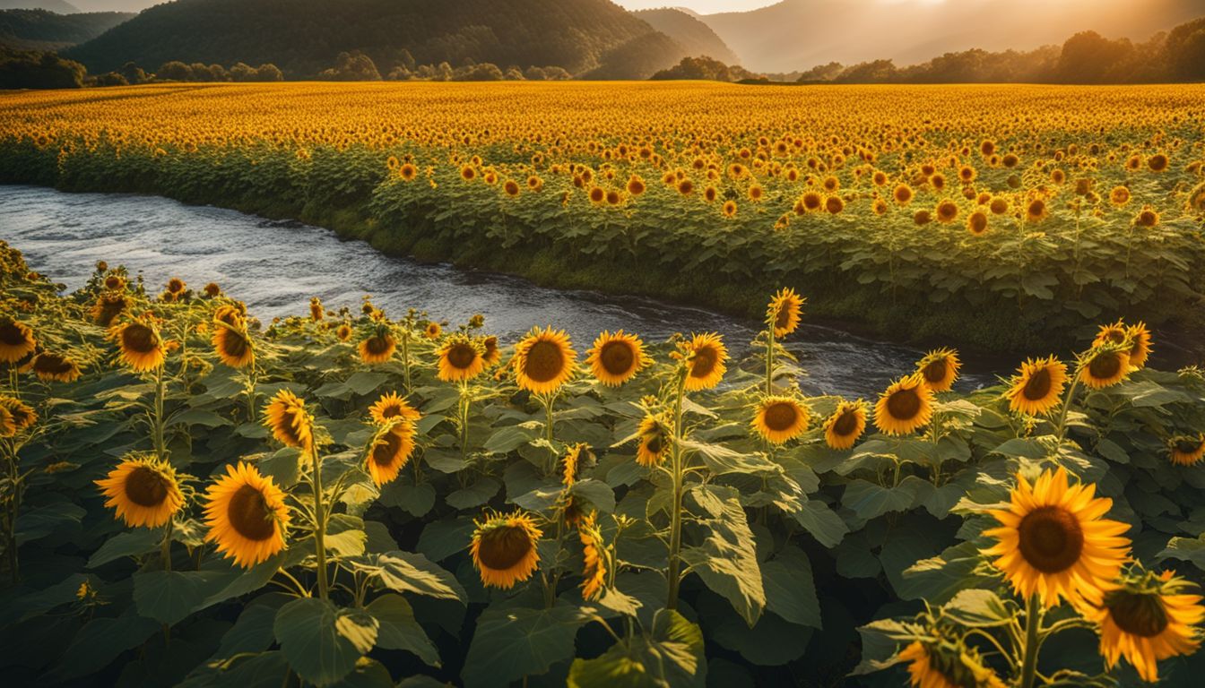 Vibrant field of sunflowers with flowing river and diverse people.