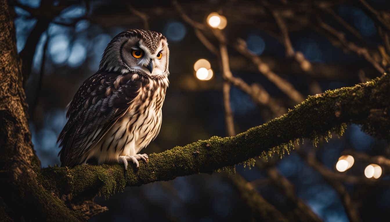 A photo of an owl at night with various poses and styles.