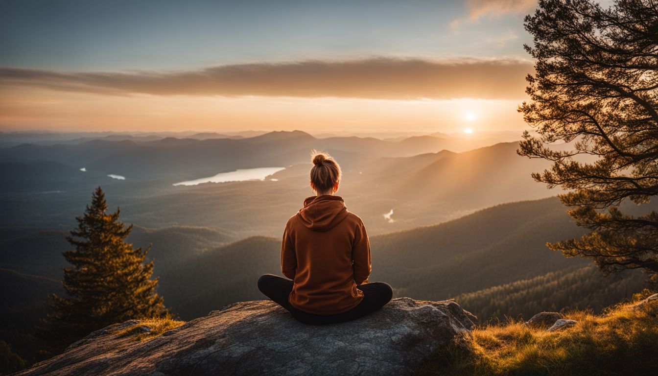A person meditating on a mountain at sunrise in serene nature.