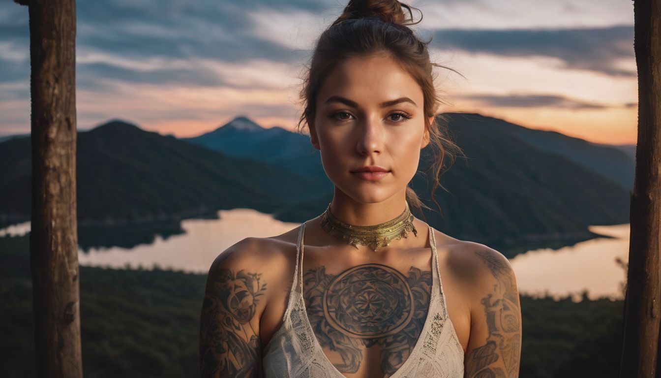 A person with religious tattoos meditating in a peaceful natural setting.