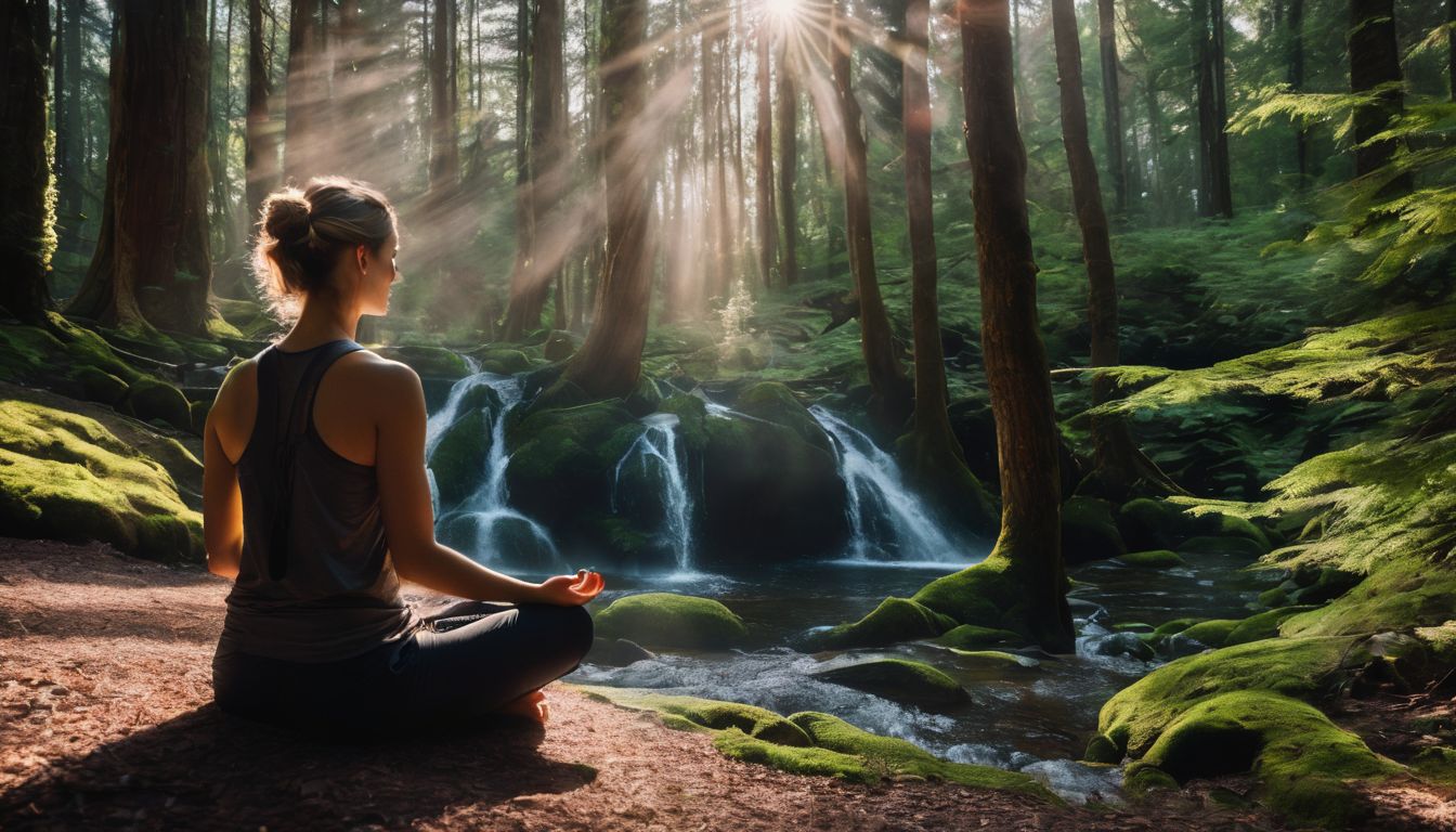 A Caucasian person meditating in a serene forest surrounded by nature.