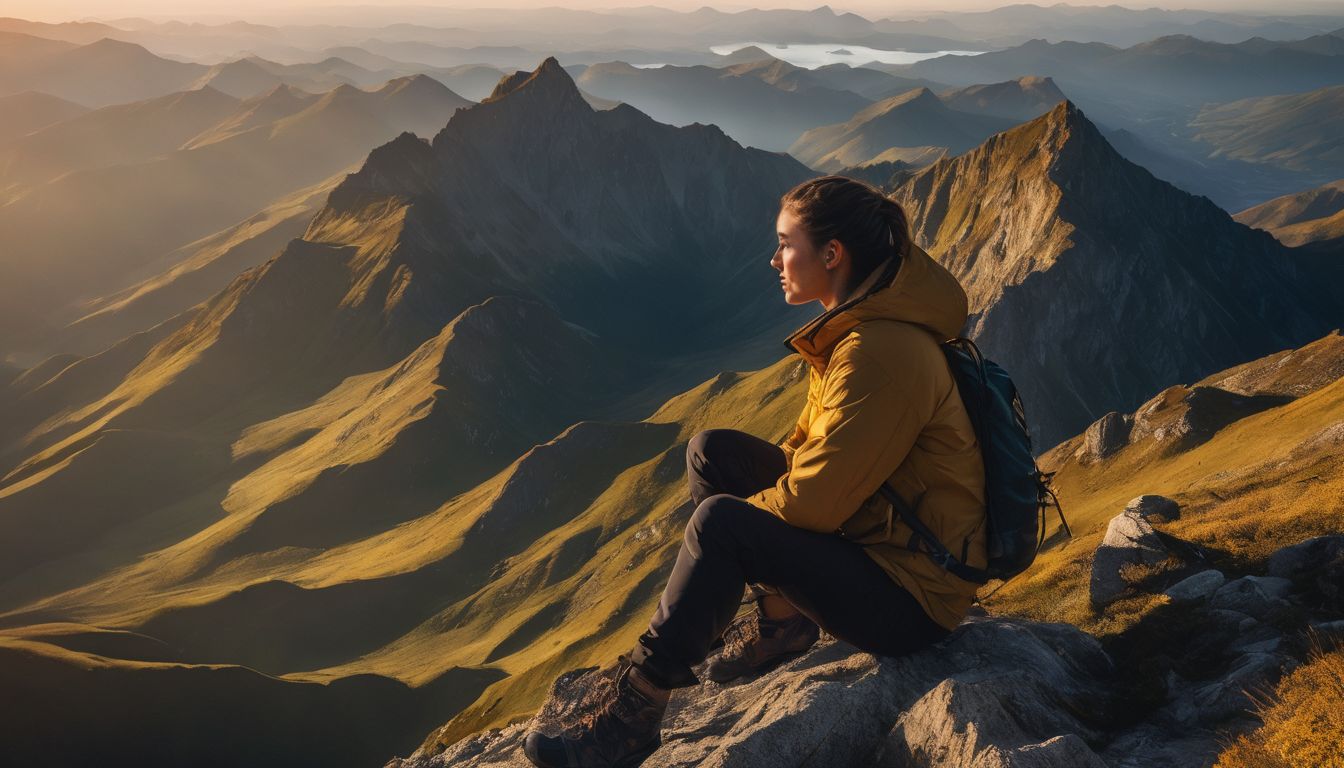 A person sitting on a mountain peak surrounded by a golden glow.