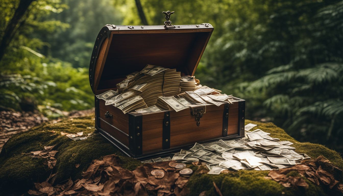 An open treasure chest in a lush forest surrounded by money.