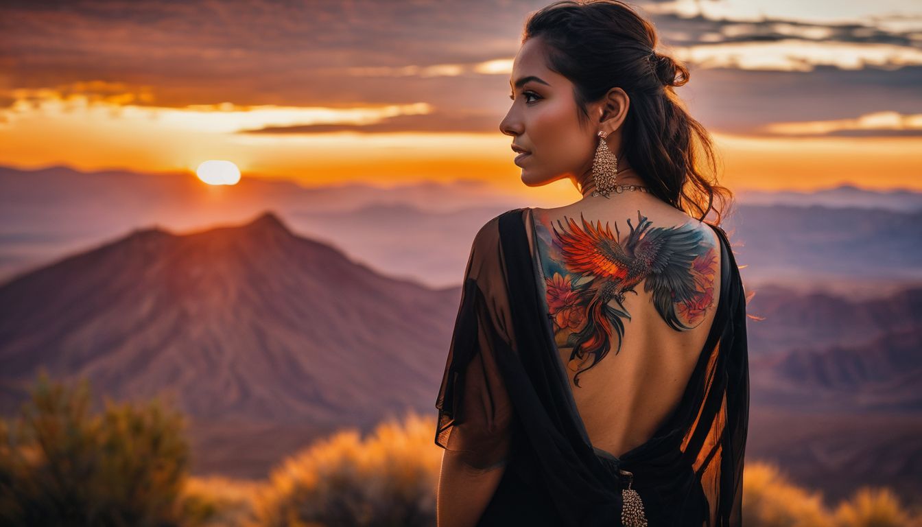 A woman with a phoenix tattoo standing in front of a fiery sunset.