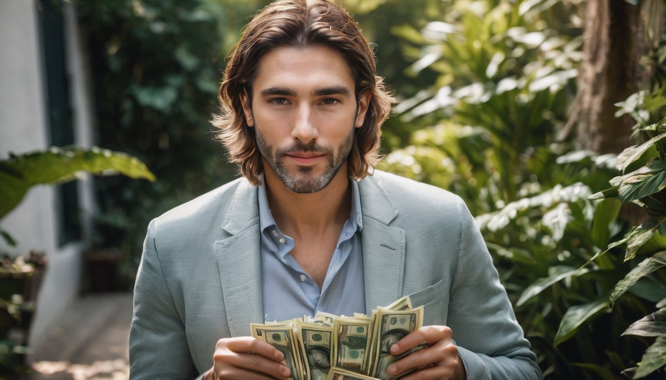 A Caucasian person surrounded by money in a vibrant garden setting.