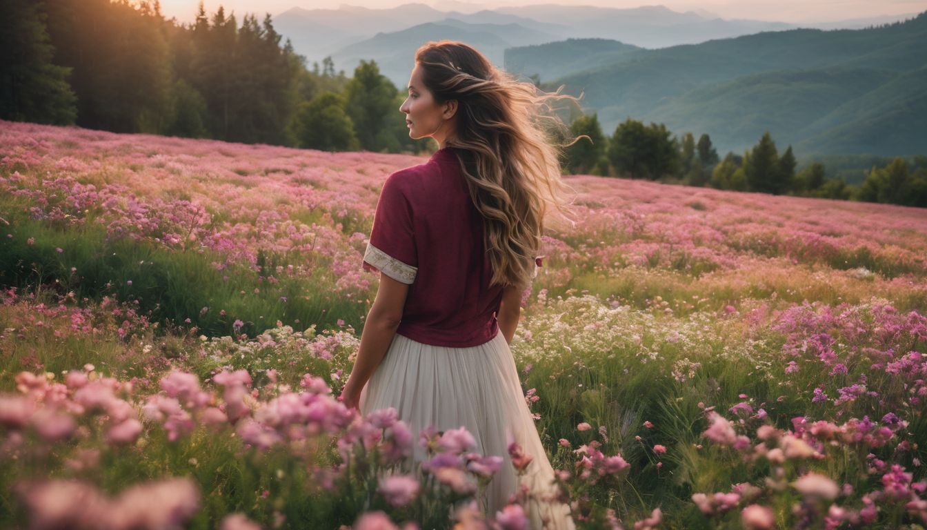 A person standing in a field of blooming flowers surrounded by nature.