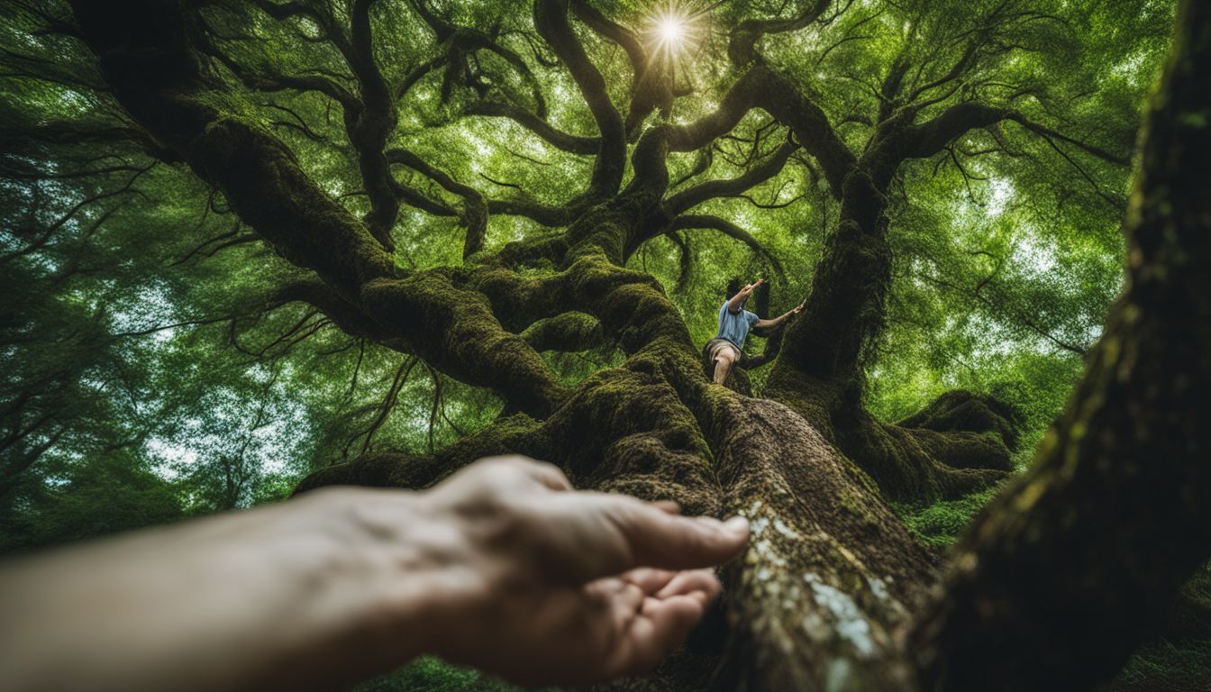 A person's hand touching the branches of a tree in a forest.