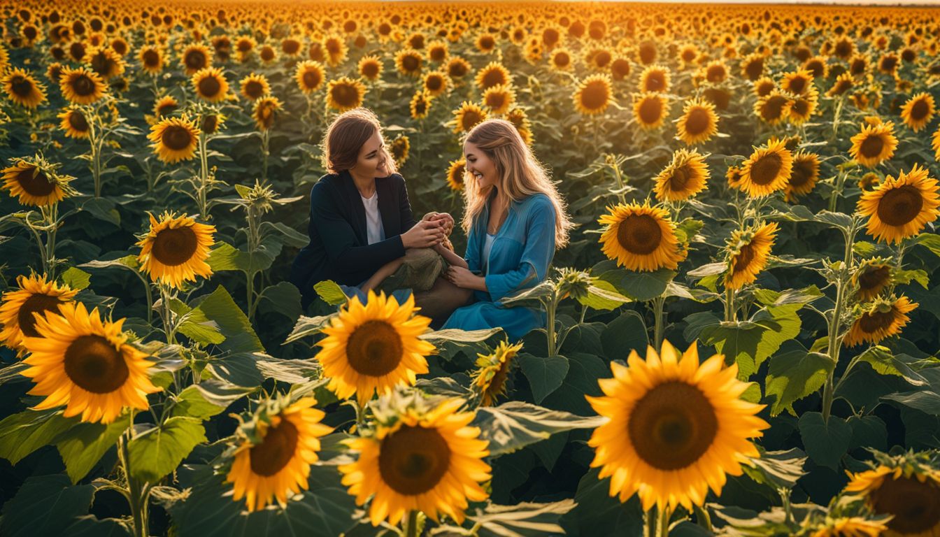 A vibrant field of blooming sunflowers with diverse people and scenery.