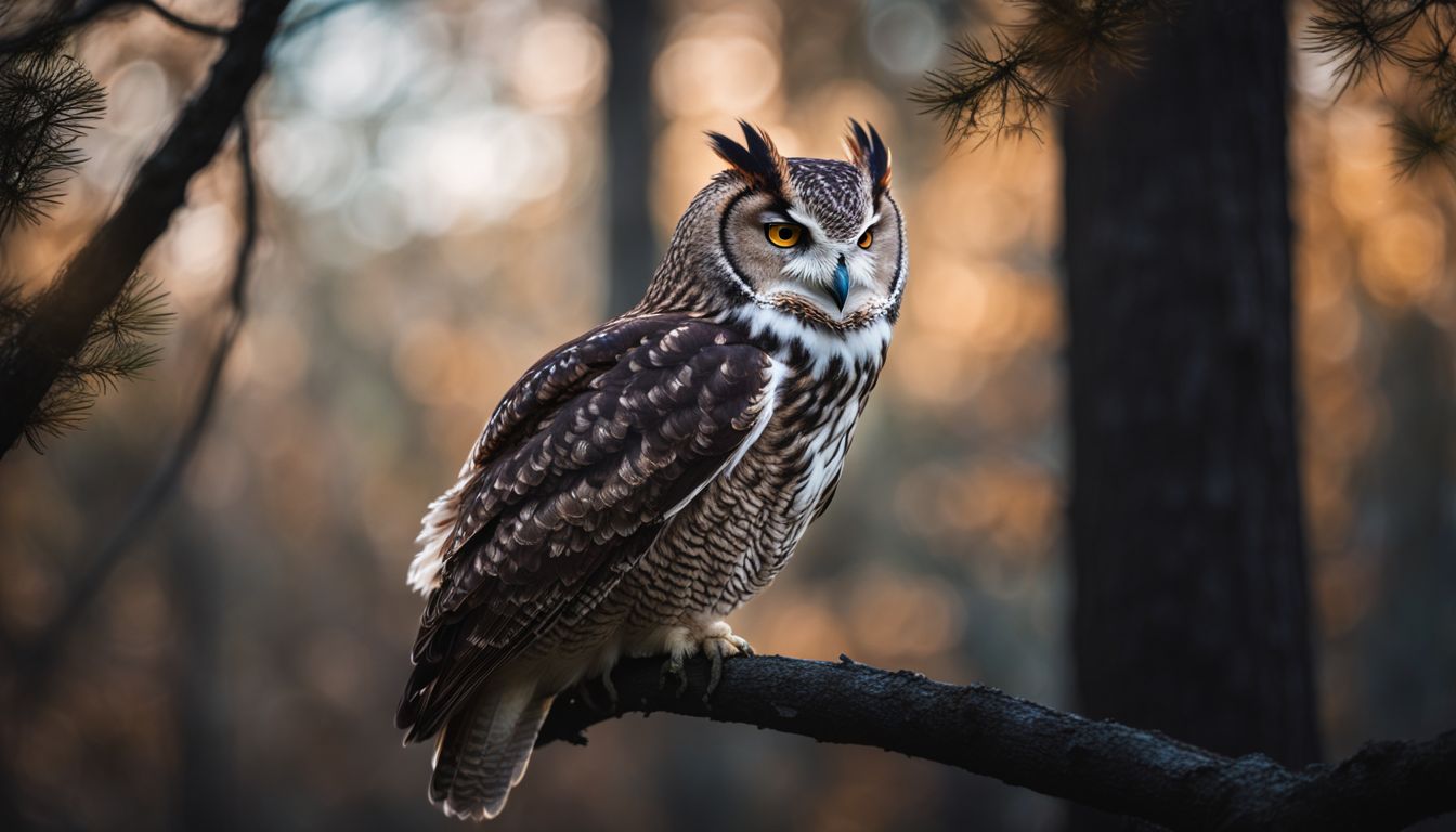 Image of a majestic owl in a moonlit forest with various people.