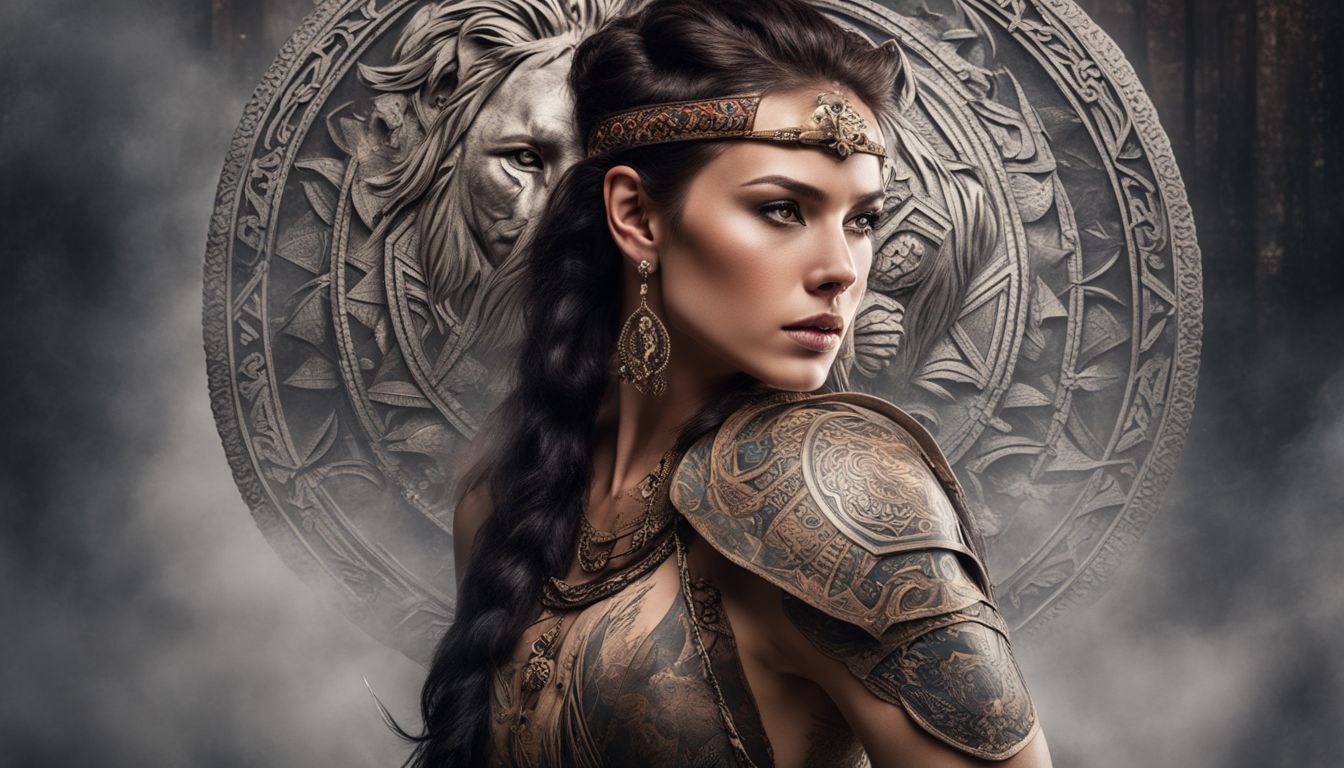 A fierce warrior woman with a lion tattoo surrounded by tribal symbols.