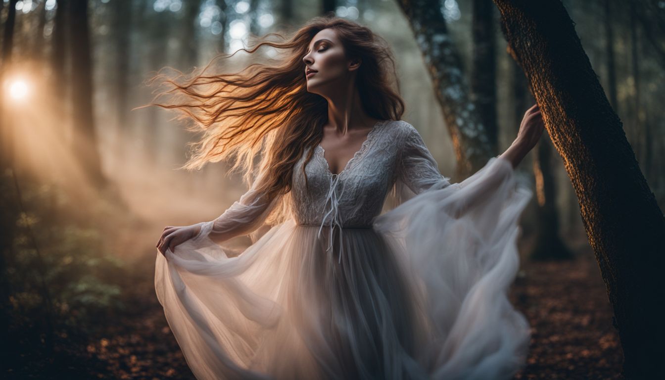 A mystical Caucasian woman dances in a moonlit forest.