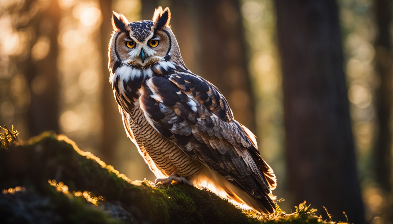 A stunning owl in a sunlit forest, showcasing various faces and outfits.