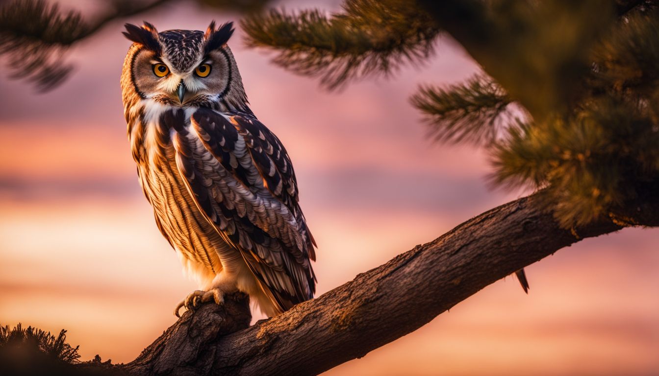A stunning photo of a majestic owl perched on a tree branch.