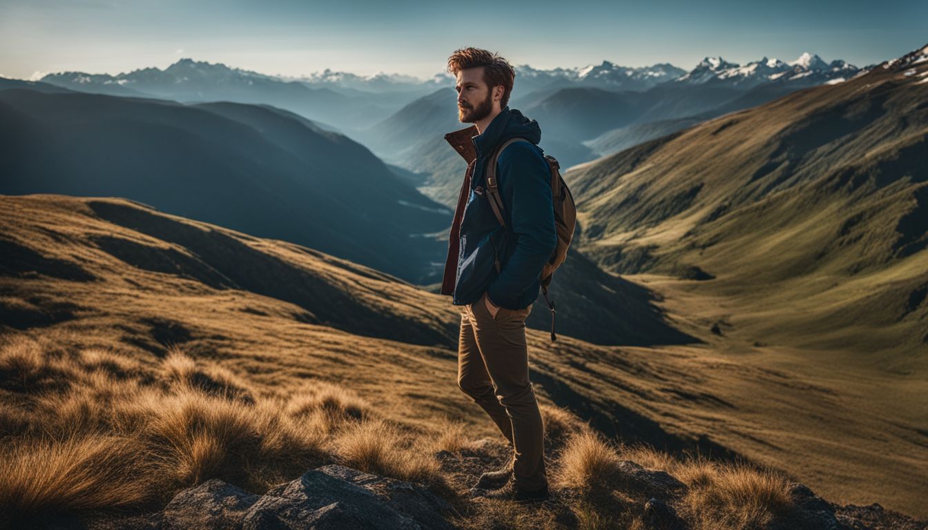 Confident individual stands on mountaintop in scenic landscape surrounded by diverse people.