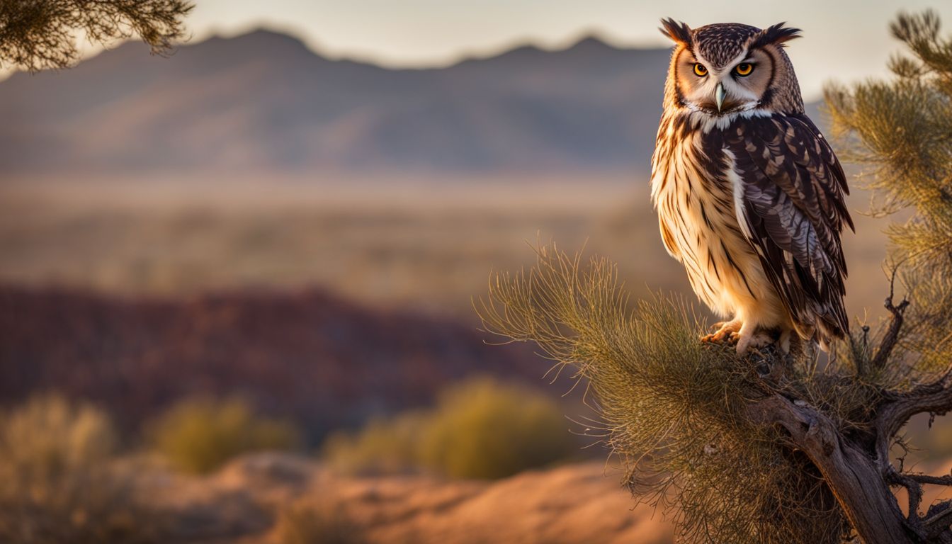 A photo of an owl in a desert tree with various styles.