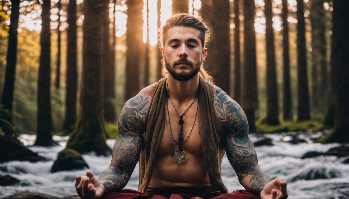 A Caucasian person with spiritual tattoos meditating in a forest.