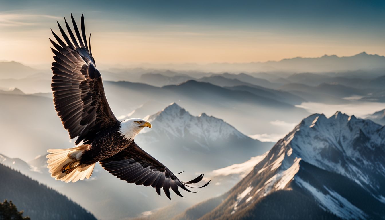 A stunning wildlife photograph of an eagle soaring over mountains.