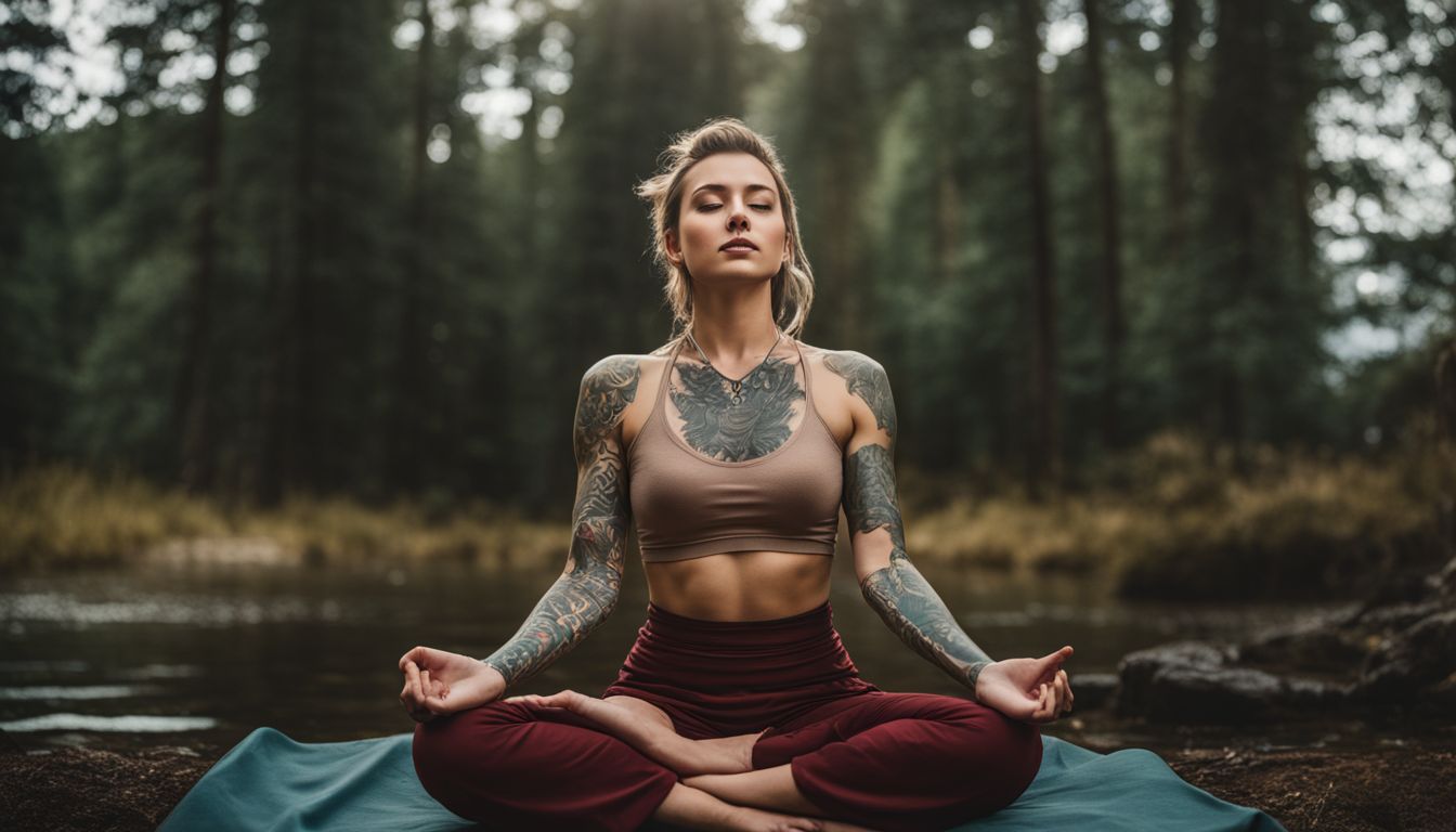 A Caucasian individual with symbolic tattoos meditating in a serene nature setting.