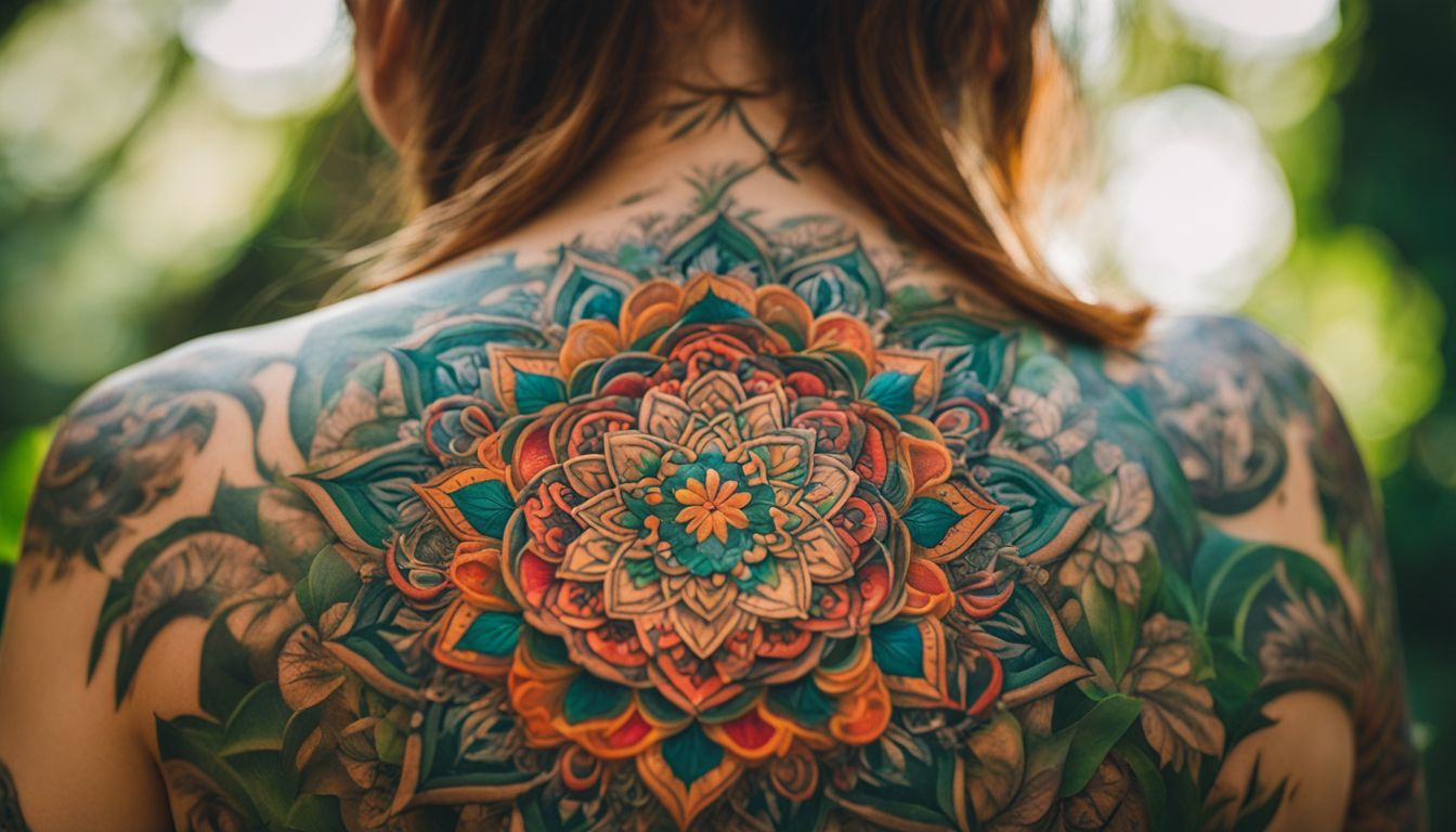 Close-up of vibrant mandala tattoo on person's back surrounded by foliage.
